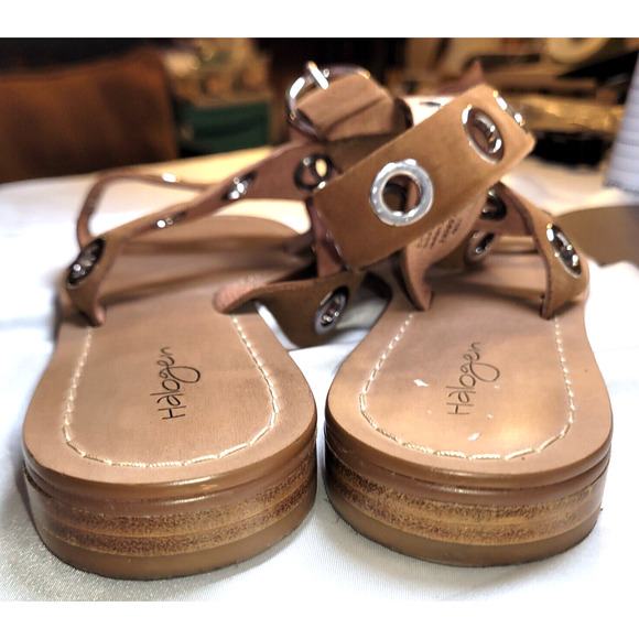 Halogen Sandals Womens 10M Ankle Straps Tan Leather Silver Grommets Boho Hippie - Picture 4 of 8